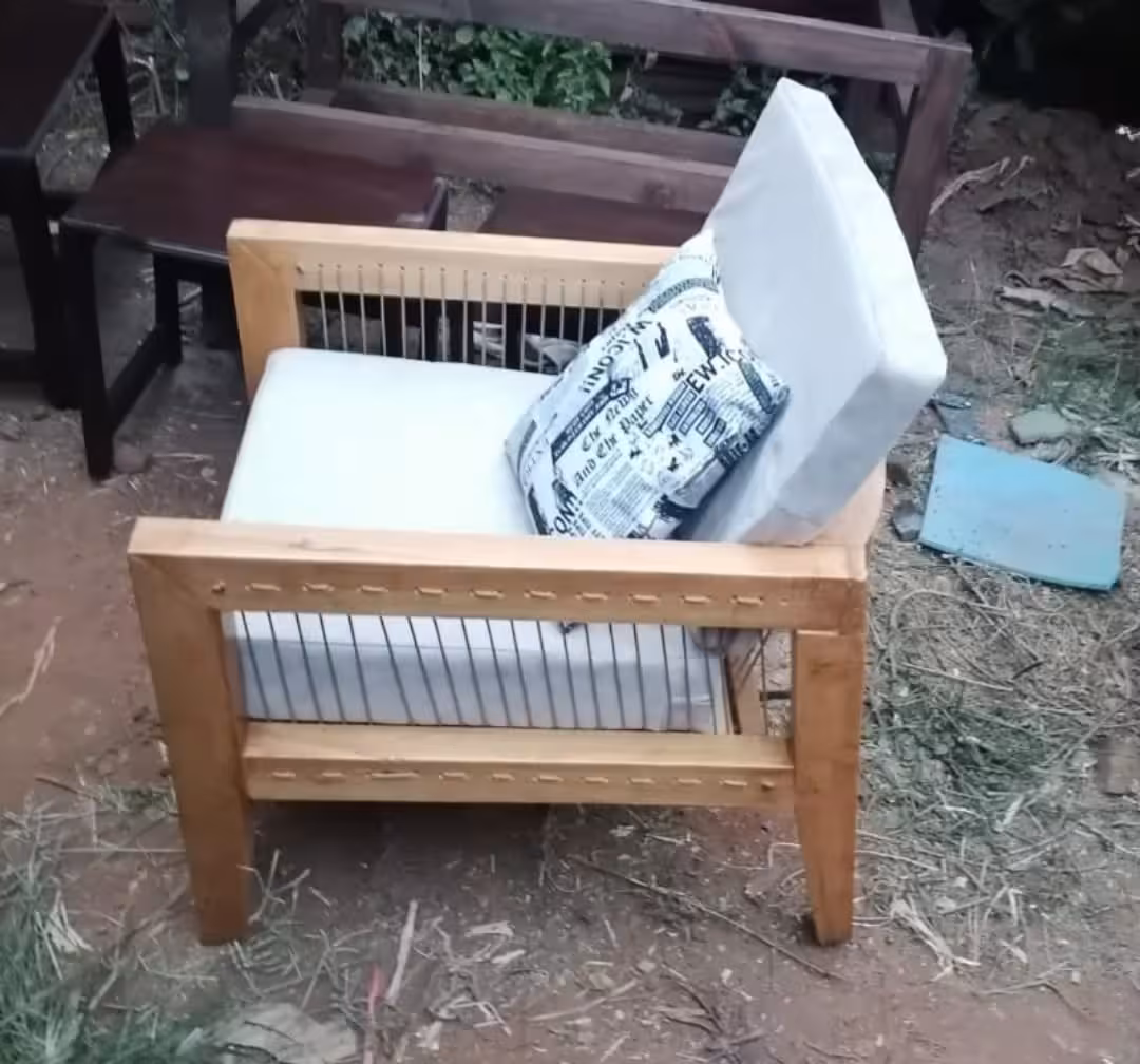 Contemporary Slatted Wood Armchair Frame with Woven Cord Back