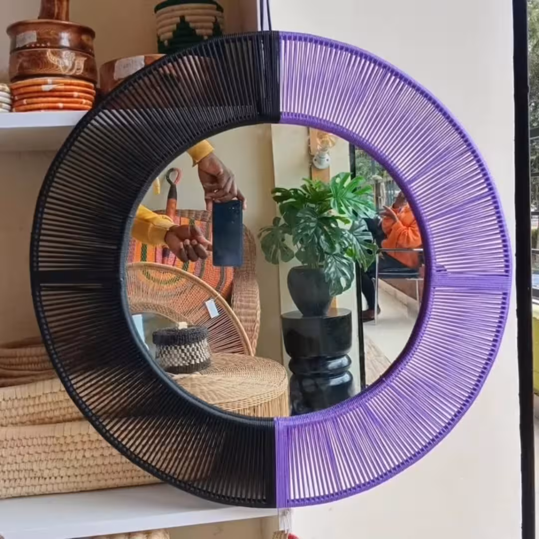 Artisanal Two-Tone Handwoven Round Wall Mirror
