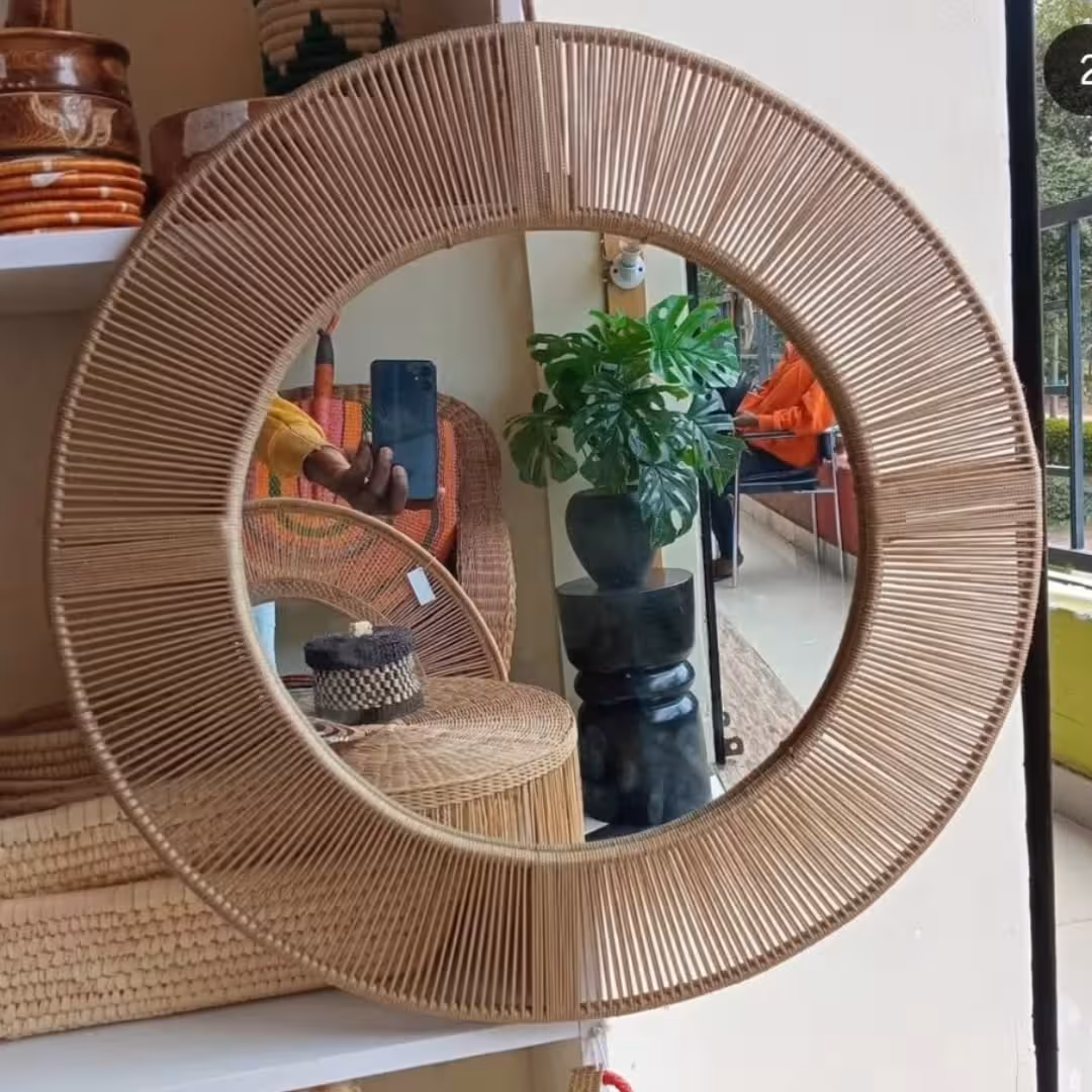 Artisanal Two-Tone Handwoven Round Wall Mirror