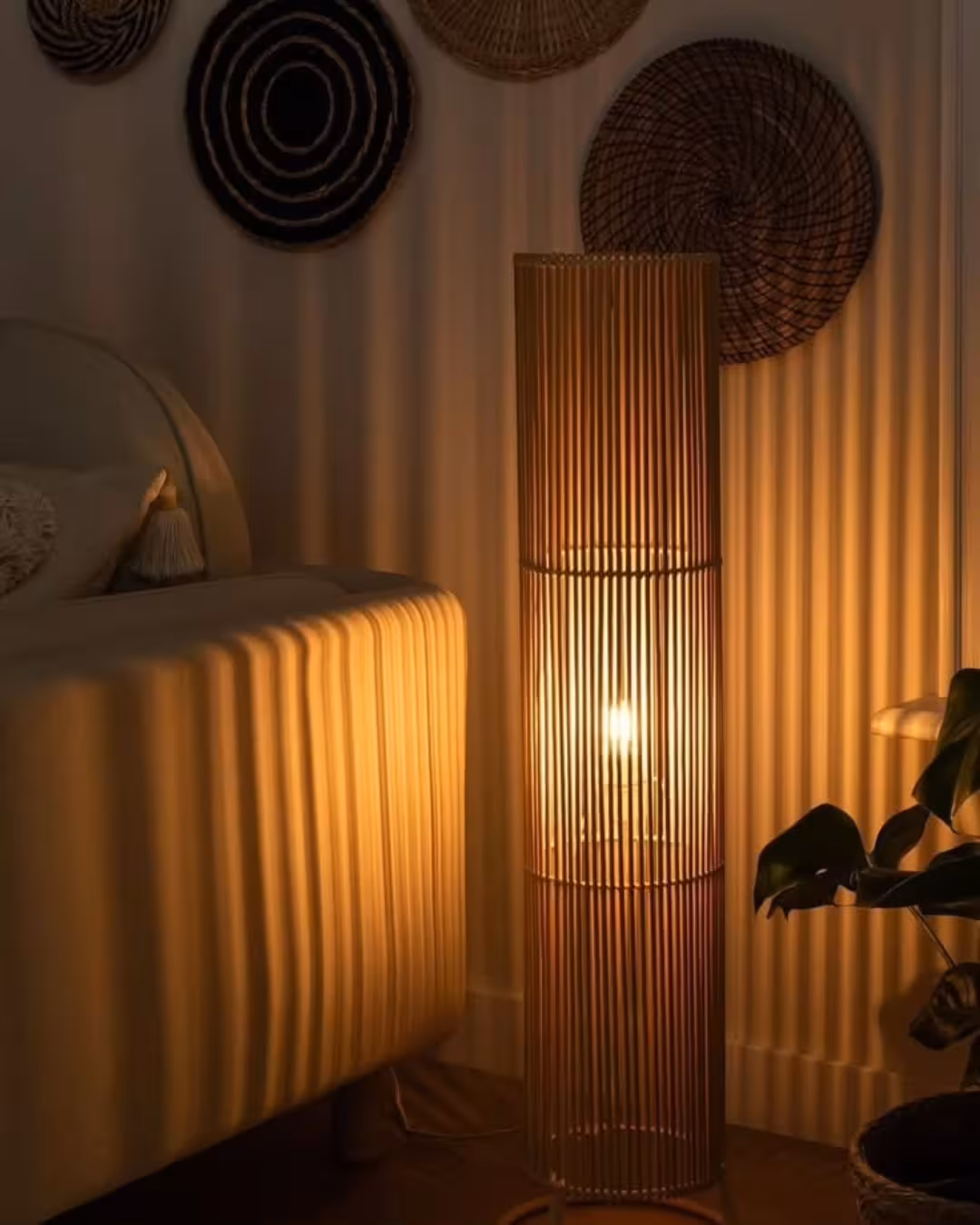 Artisanal Cylindrical Rattan Vertical Slat Floor Lamp