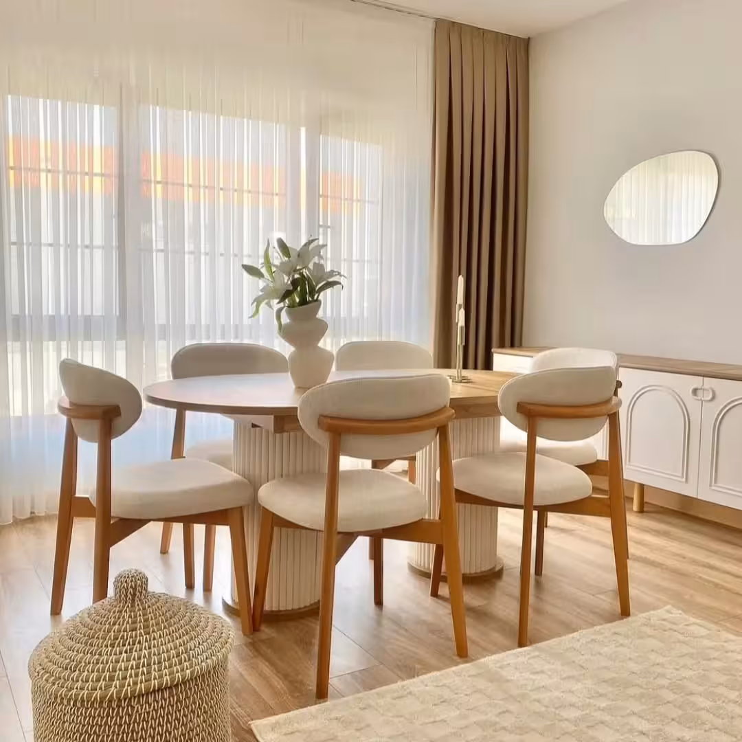 Modern Scandinavian Round Pedestal Dining Set with 6 Upholstered Chairs