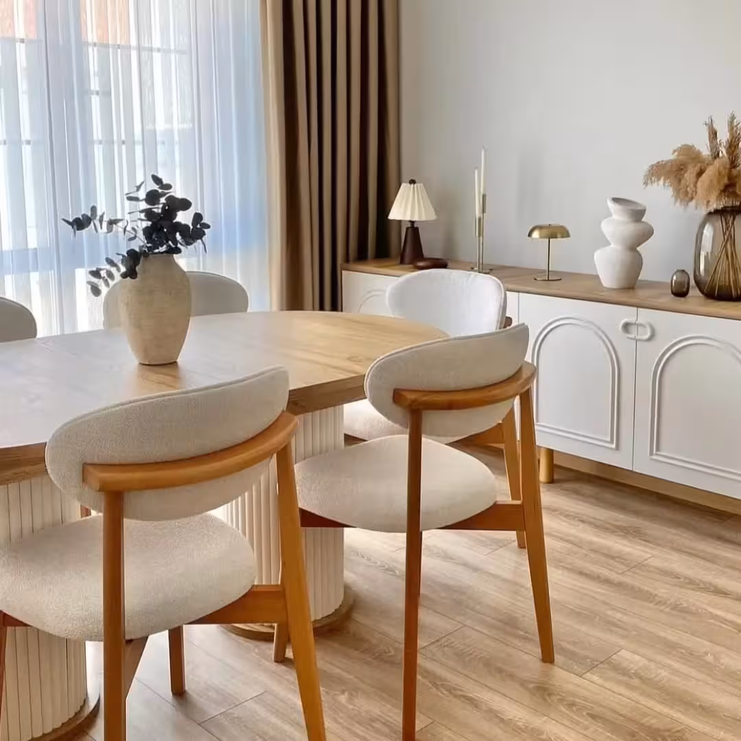 Modern Scandinavian Round Pedestal Dining Set with 6 Upholstered Chairs