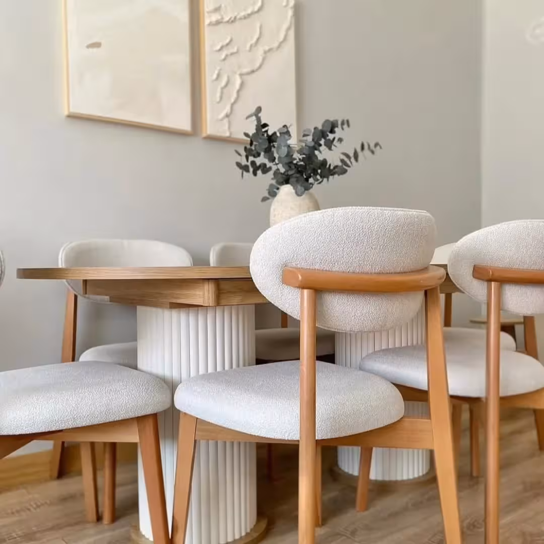 Modern Scandinavian Round Pedestal Dining Set with 6 Upholstered Chairs